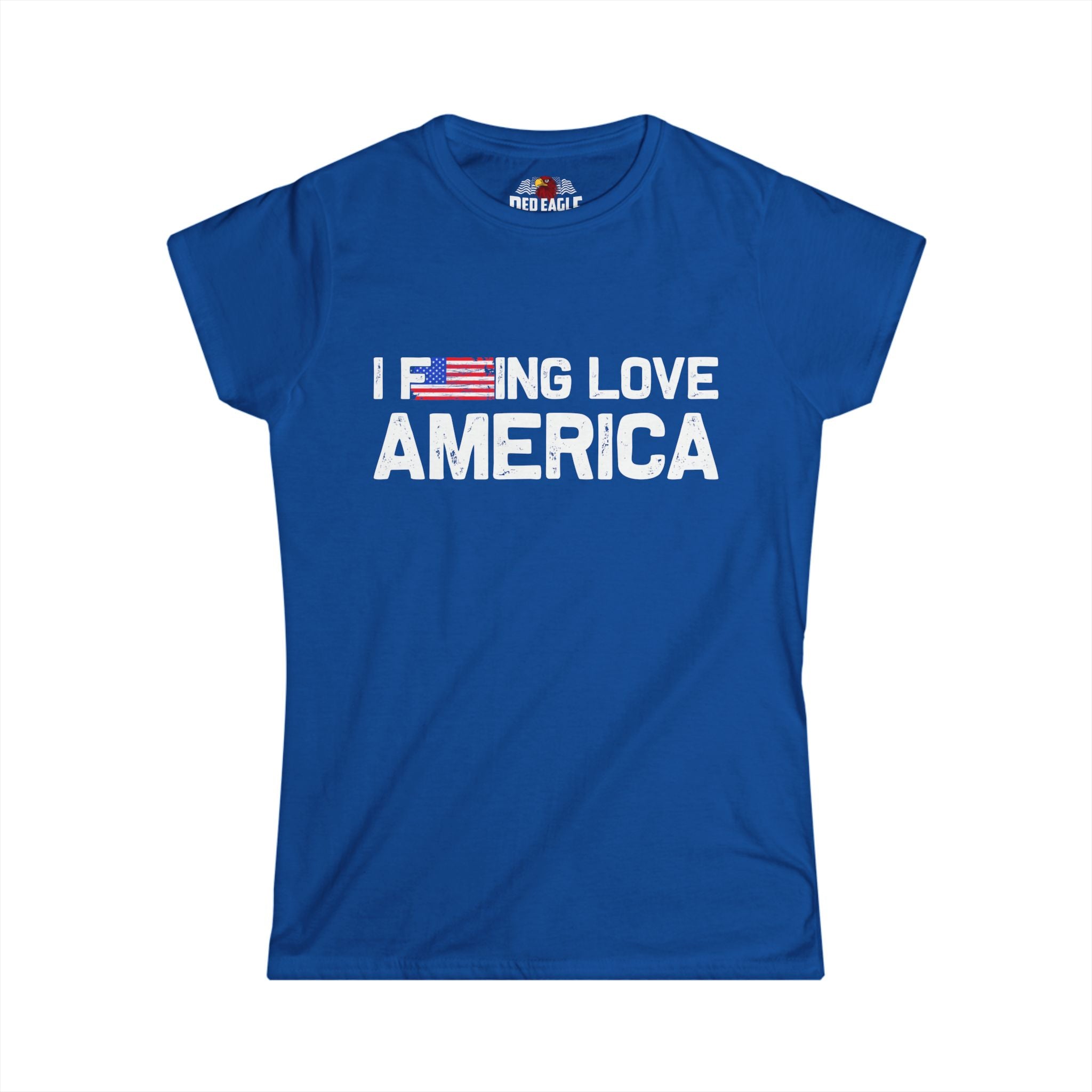 Blue t-shirt with 'I F***ING LOVE AMERICA' text on a white background