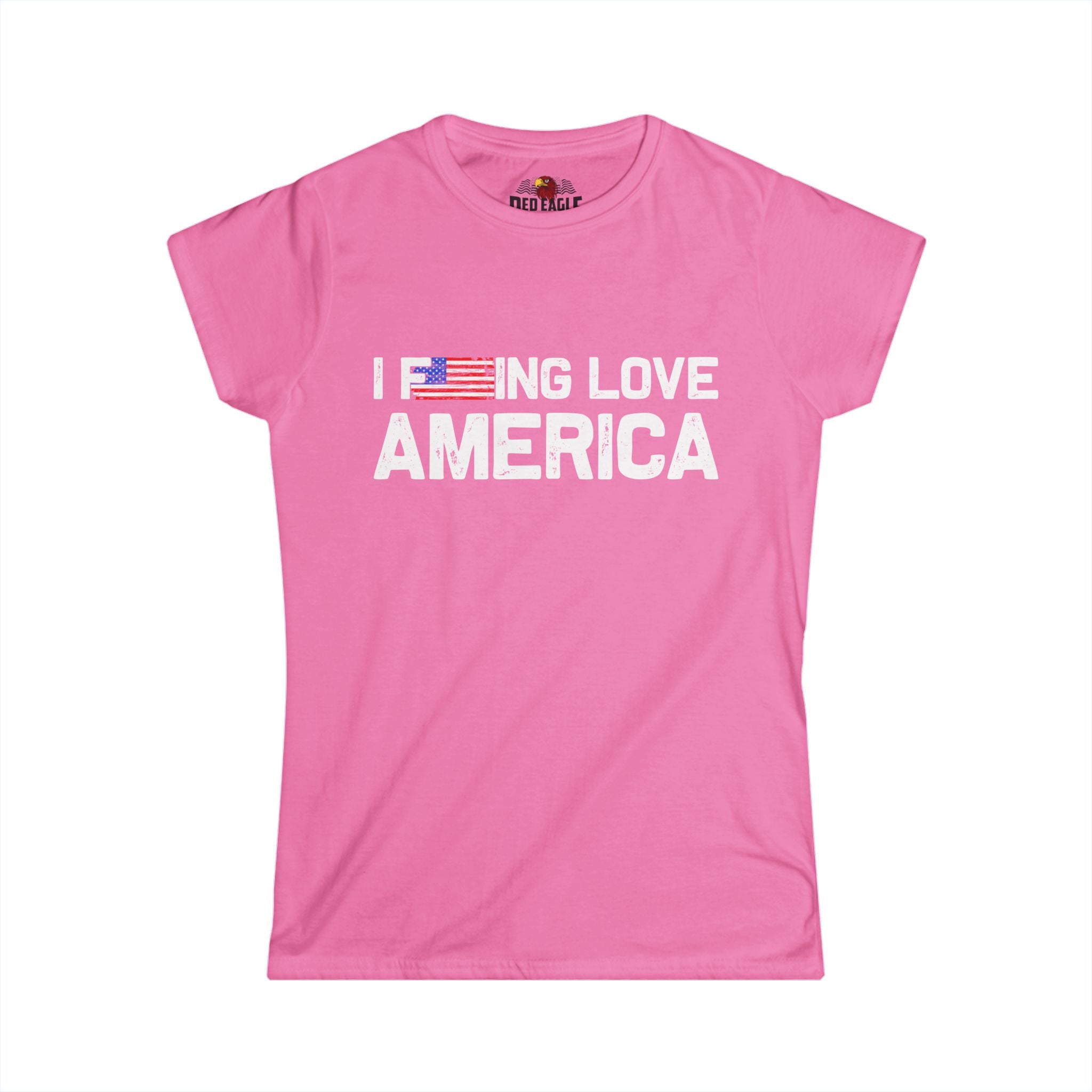 Pink t-shirt with 'I F***ING LOVE AMERICA' text on a white background