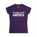 Purple t-shirt with 'I F***ING LOVE AMERICA' text on a white background