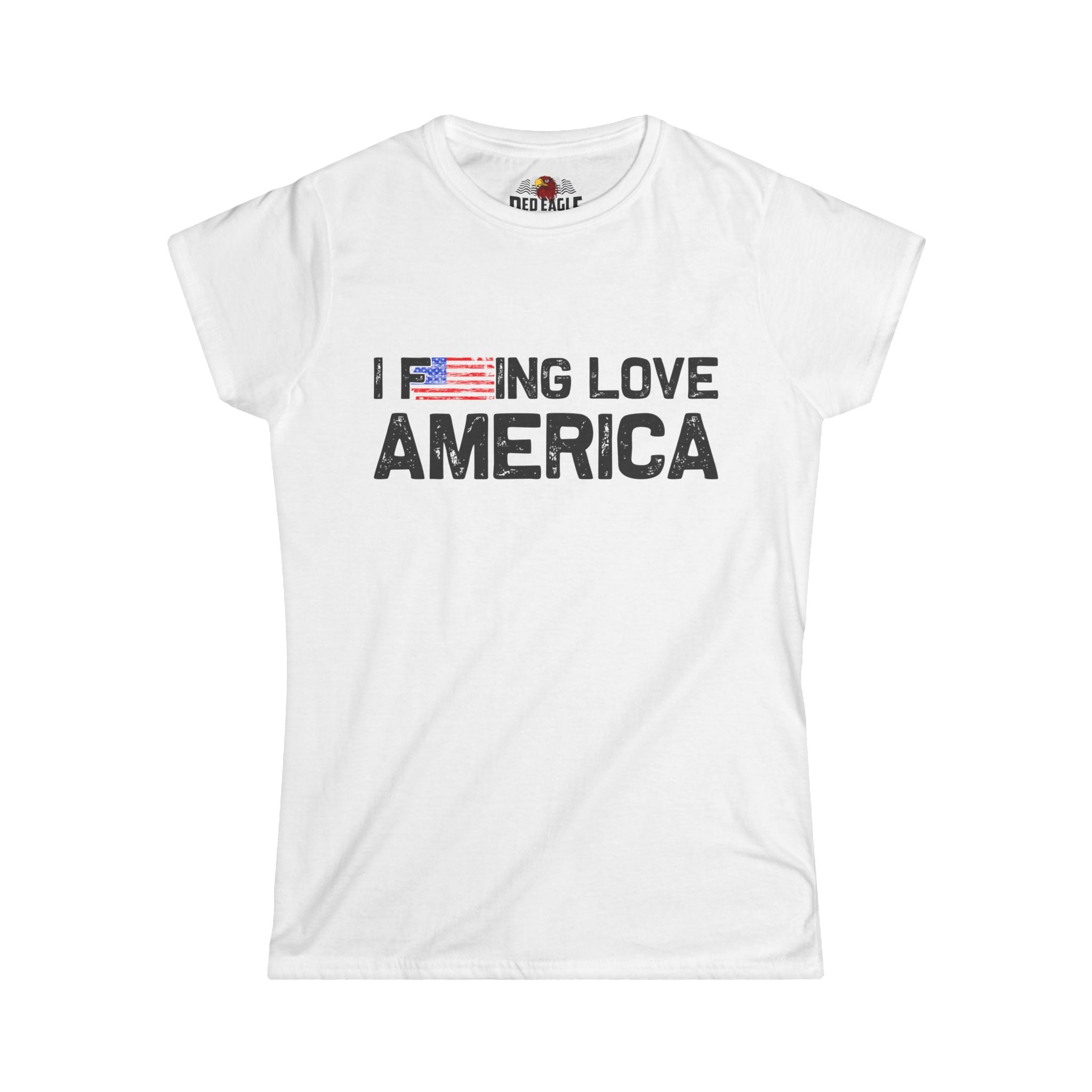 White t-shirt with 'I F***ING LOVE AMERICA' text on a white background
