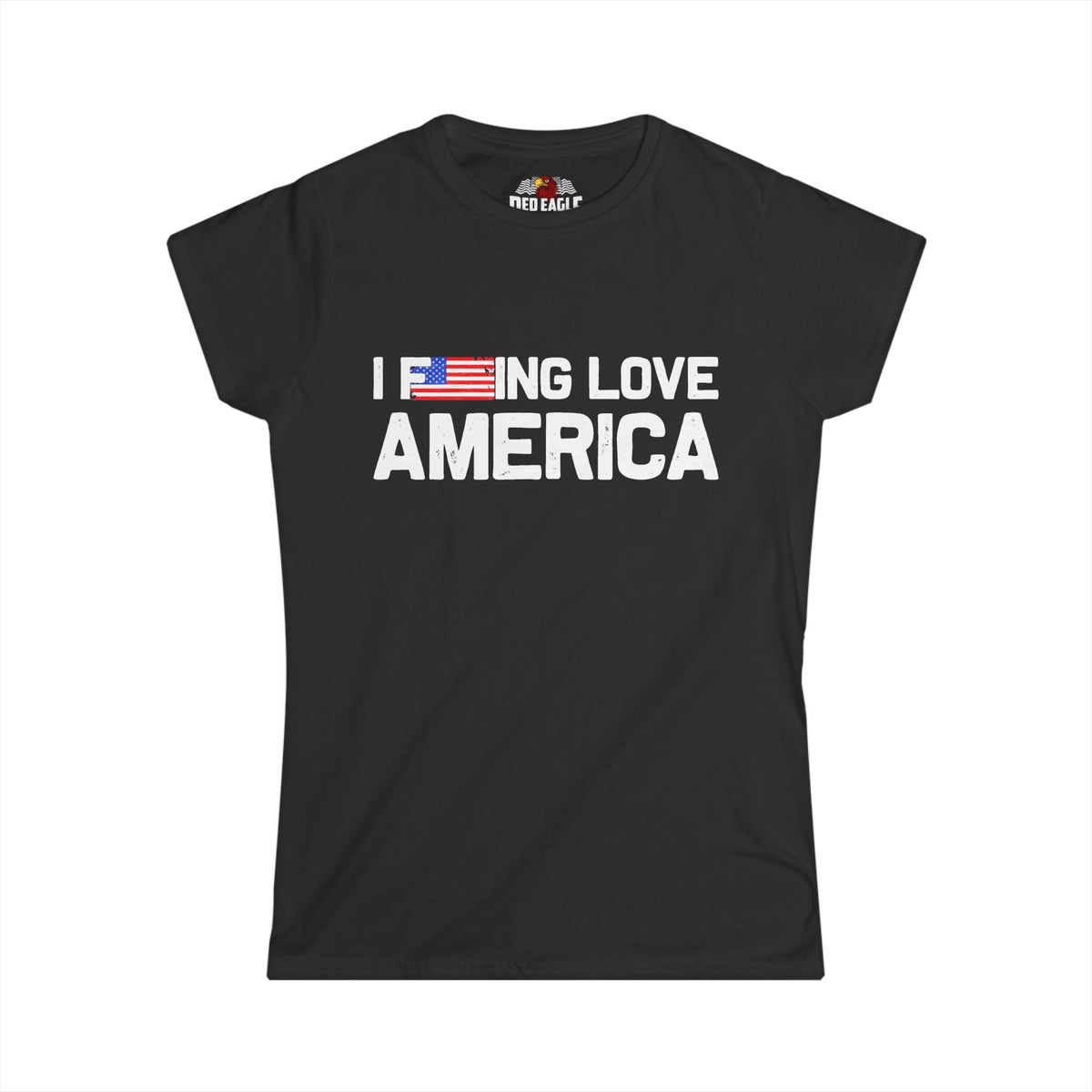 A black short-sleeve t-shirt with the slogan 'I DON'T LOVE AMERICA' printed in white across the chest, where the letter 'O' is replaced by a small American flag graphic. The shirt is displayed flat against a solid white background.