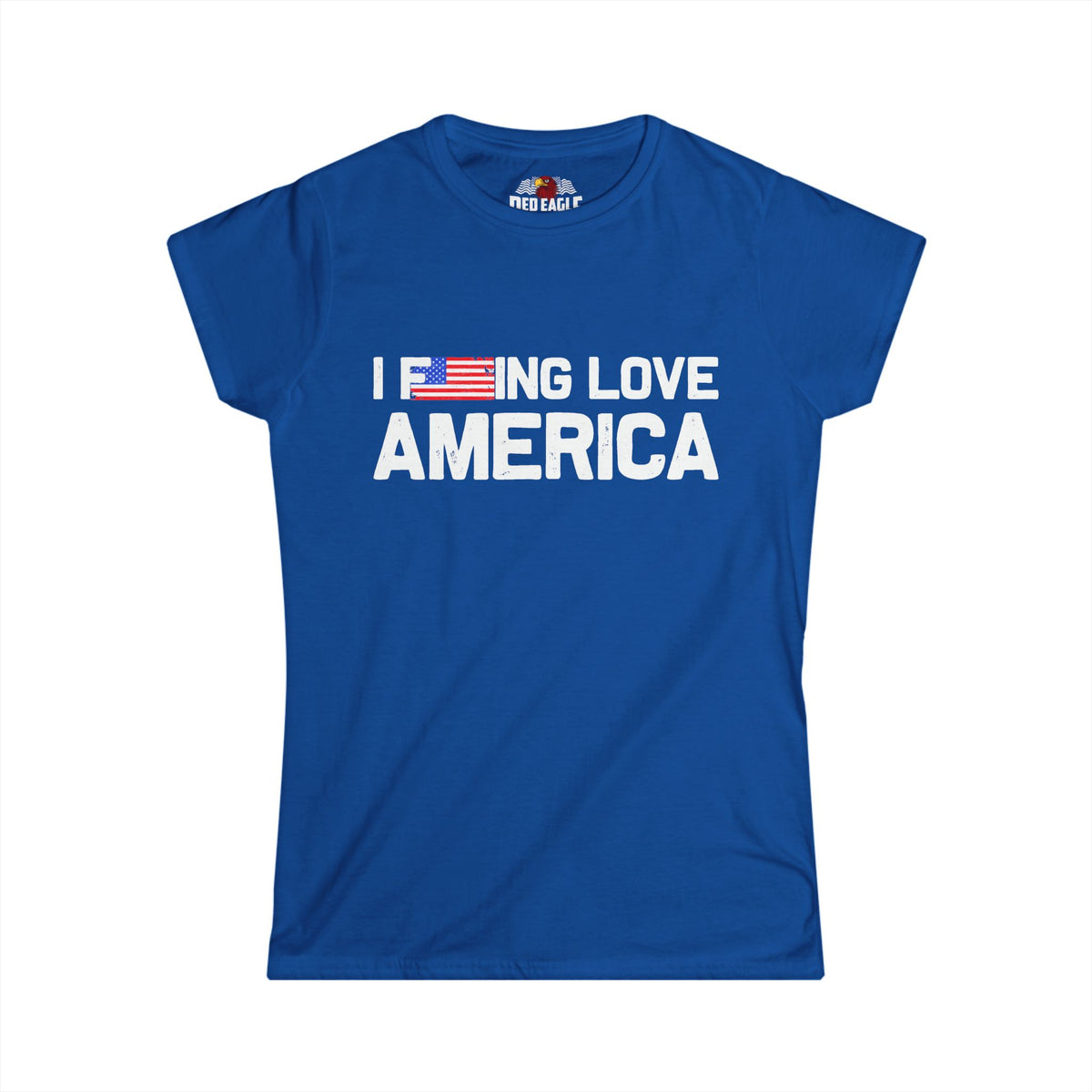 A royal blue short-sleeve t-shirt with a graphic print on the front that reads 'I FEEL LOVE AMERICA' in white text, where the letter 'E' in 'LOVE' is replaced by a small American flag graphic. The shirt is displayed flat against a solid white background, with a small 'BIG BAG' brand logo visible inside the collar.