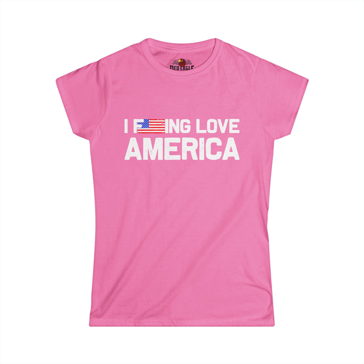 A pink short-sleeve t-shirt with the text 'I DOING LOVE AMERICA' printed in white across the chest, featuring a small American flag graphic replacing the letter O in 'LOVE'.