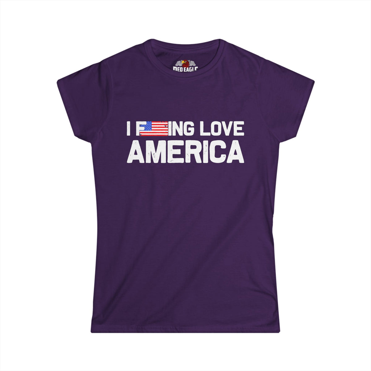 A purple short-sleeve t-shirt with the text 'I DOING LOVE AMERICA' printed in white across the chest, where the letter 'O' is replaced by a small American flag graphic. The shirt is displayed flat against a solid white background.