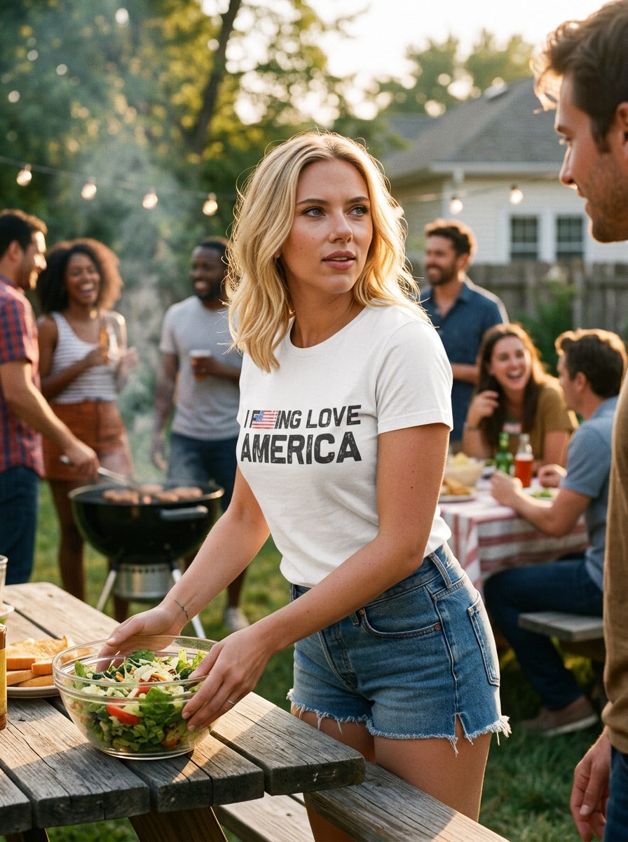 A woman at an outdoor backyard party wearing a white graphic t-shirt that reads 'I'M LOVING LOVE AMERICA' in black text, standing next to a wooden picnic table with a salad bowl. (AI generated)