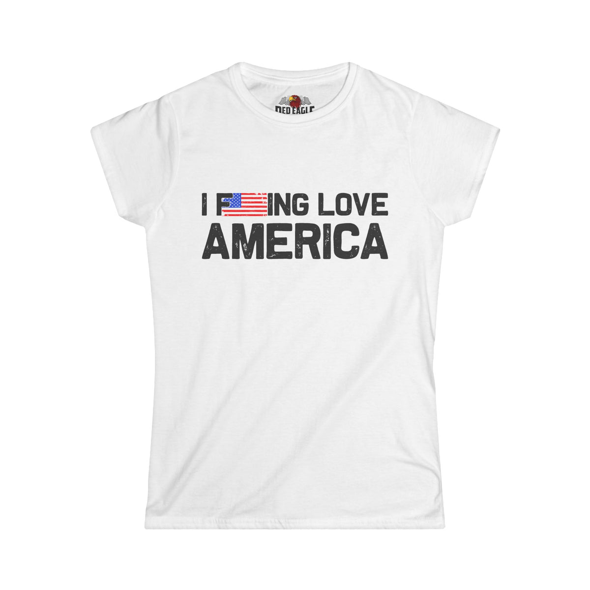 A white short-sleeve t-shirt with a graphic print on the front that reads 'I DOING LOVE AMERICA' in black text, where the letter 'O' in 'LOVE' is replaced by a small American flag graphic. The brand 'RED LIF' is visible on the inner neck label.
