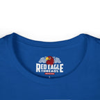 Blue t-shirt with Red Eagle Threads logo on a white background