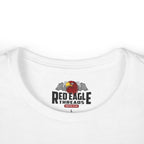 Close-up of a white crewneck t-shirt showing the inner neck print with a red eagle graphic and the text 'RED EAGLE THREADS'.