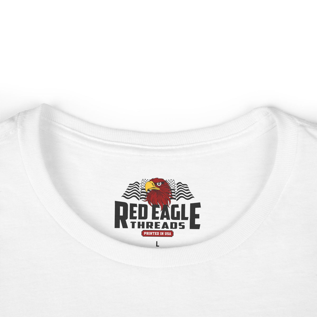 Close-up of a white crewneck t-shirt showing the inner neck print with a red eagle graphic and the text 'RED EAGLE THREADS'.