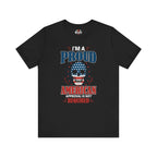 Black t-shirt with American-themed graphic and text on a white background