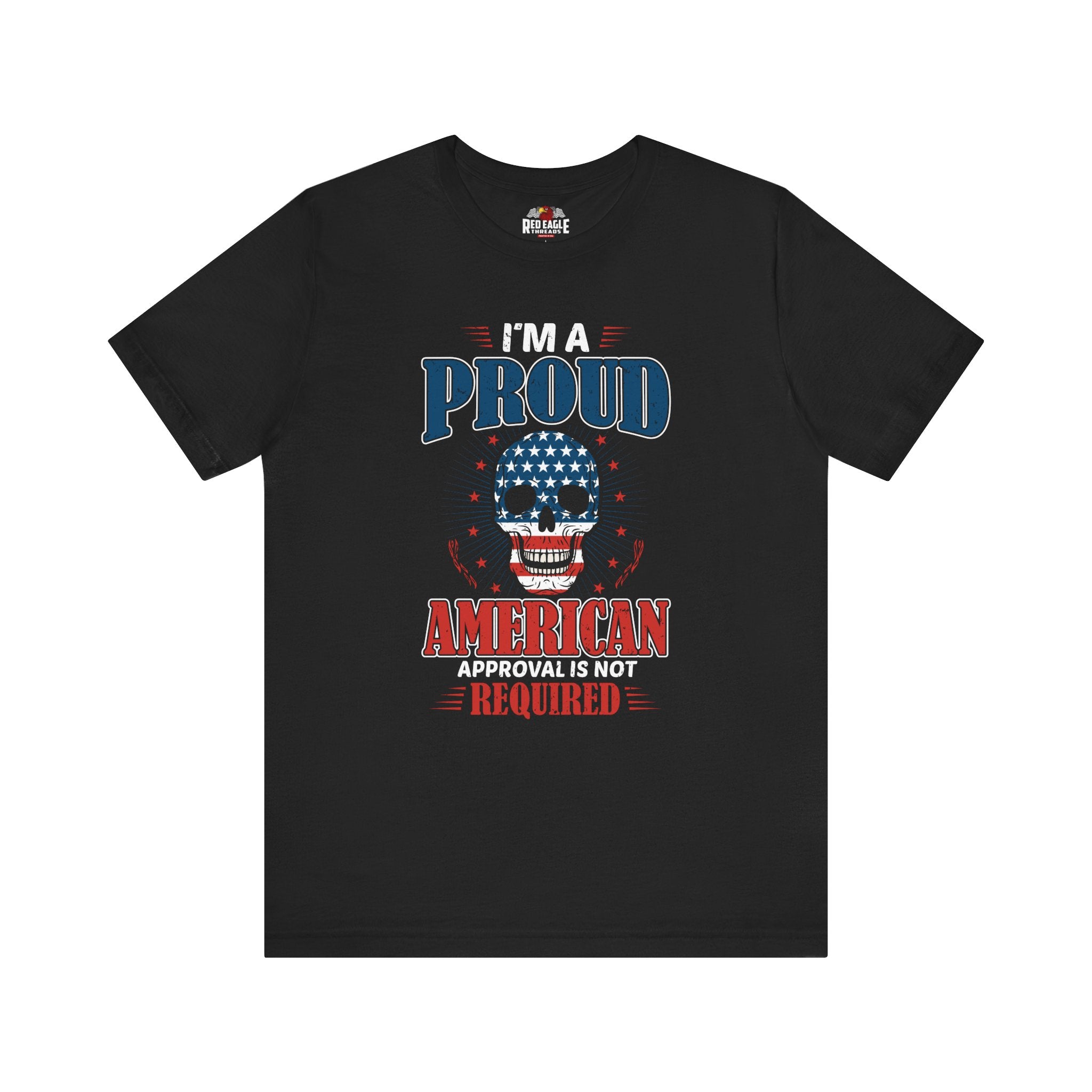 Black t-shirt with American-themed graphic and text on a white background