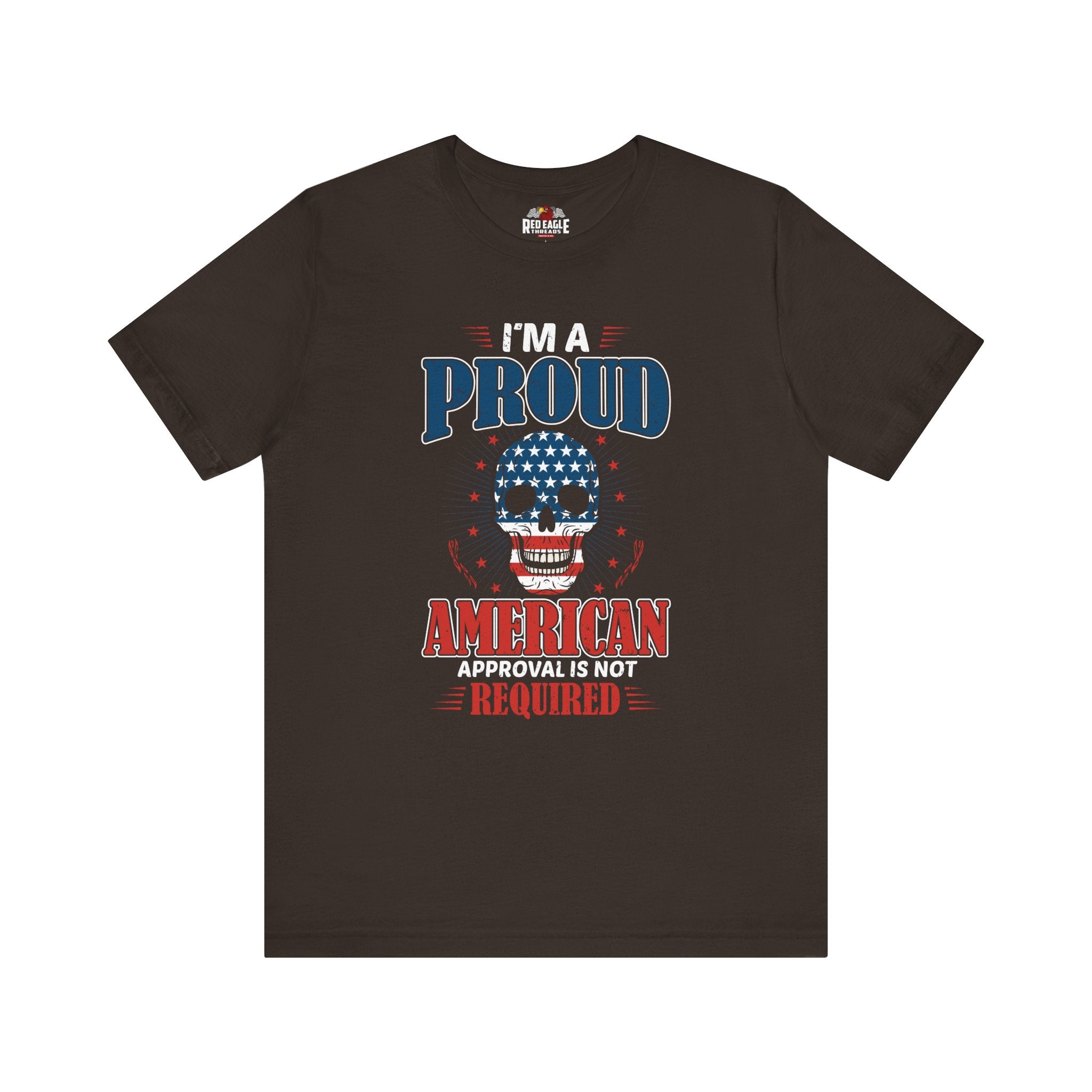 Brown t-shirt with American-themed graphic and text on a white background