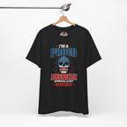 Black t-shirt with a graphic design on a hanger against a white background