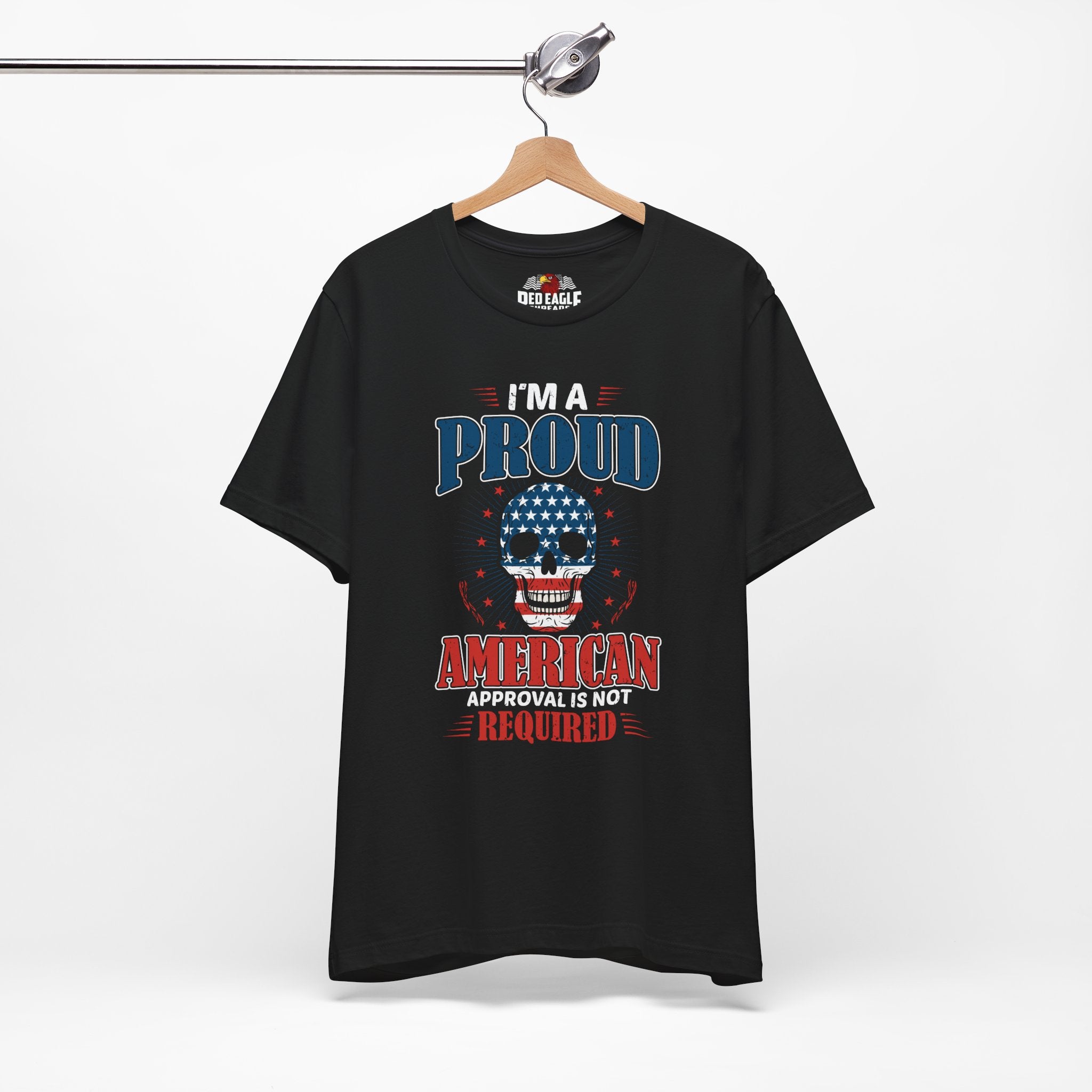 Black t-shirt with a graphic design on a hanger against a white background