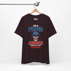 Oxblood Black t-shirt with a graphic design on a hanger against a white background