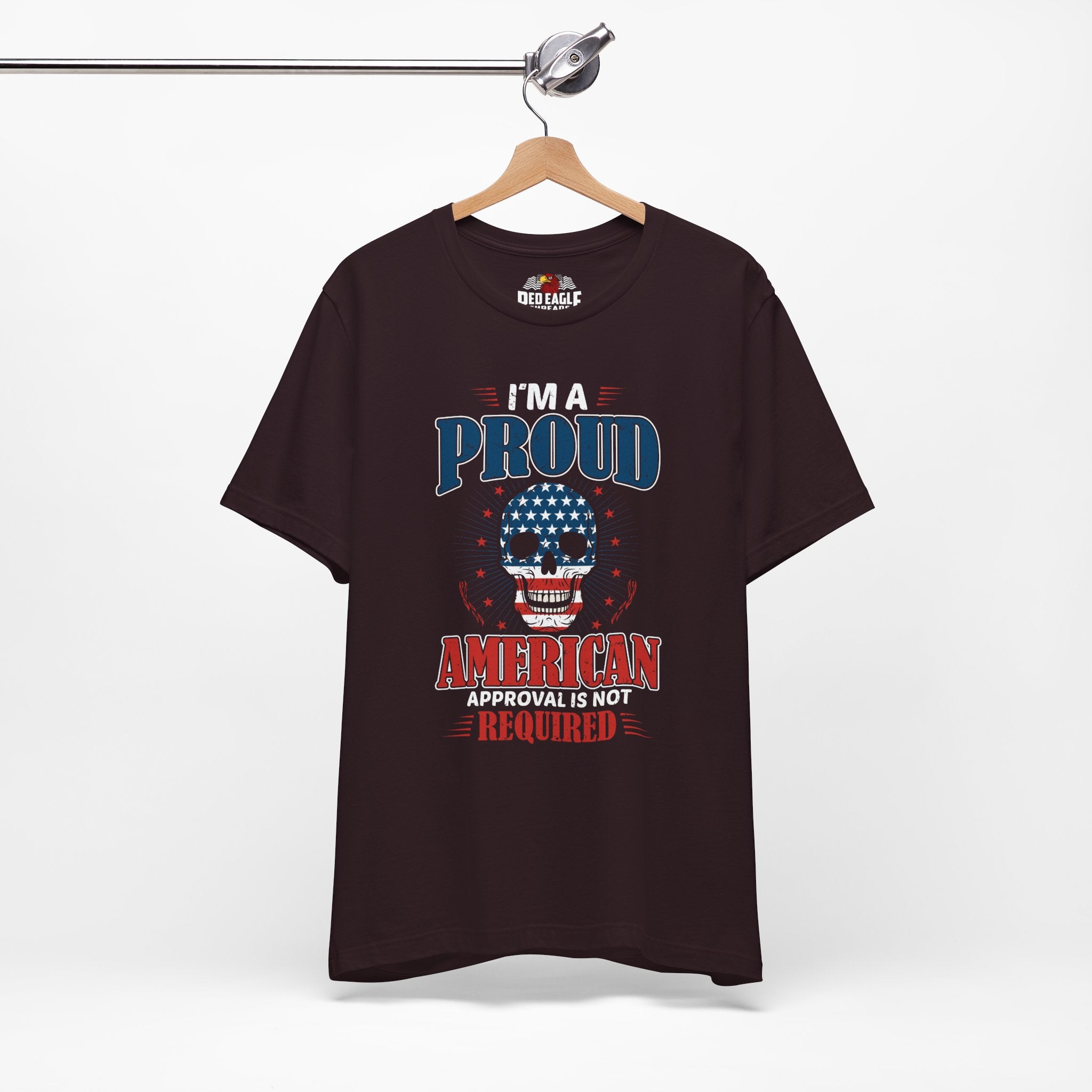 Oxblood Black t-shirt with a graphic design on a hanger against a white background