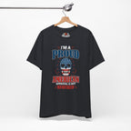 Vintage Black t-shirt with American-themed graphic and text on a hanger against a white background