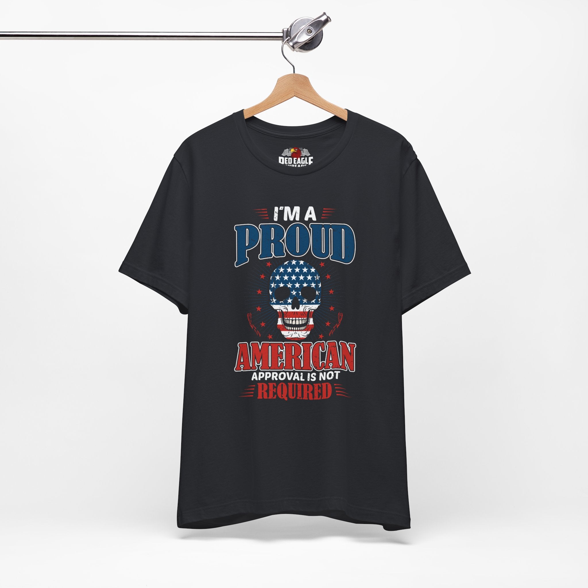 Vintage Black t-shirt with American-themed graphic and text on a hanger against a white background
