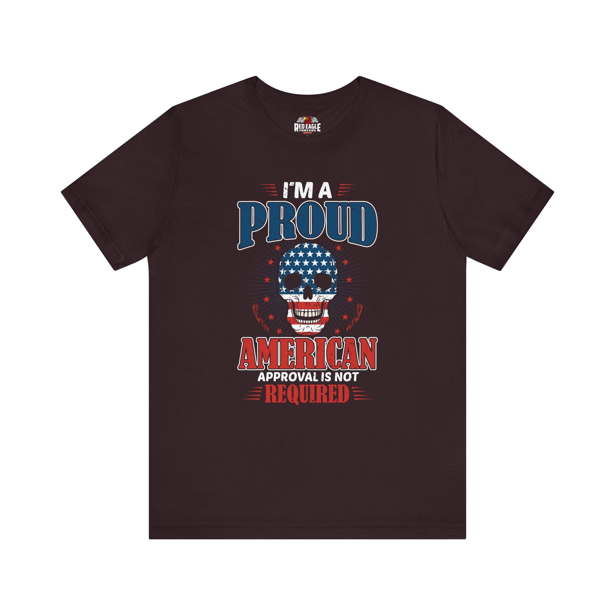 Oxblood Black t-shirt with American-themed graphic and text on a white background