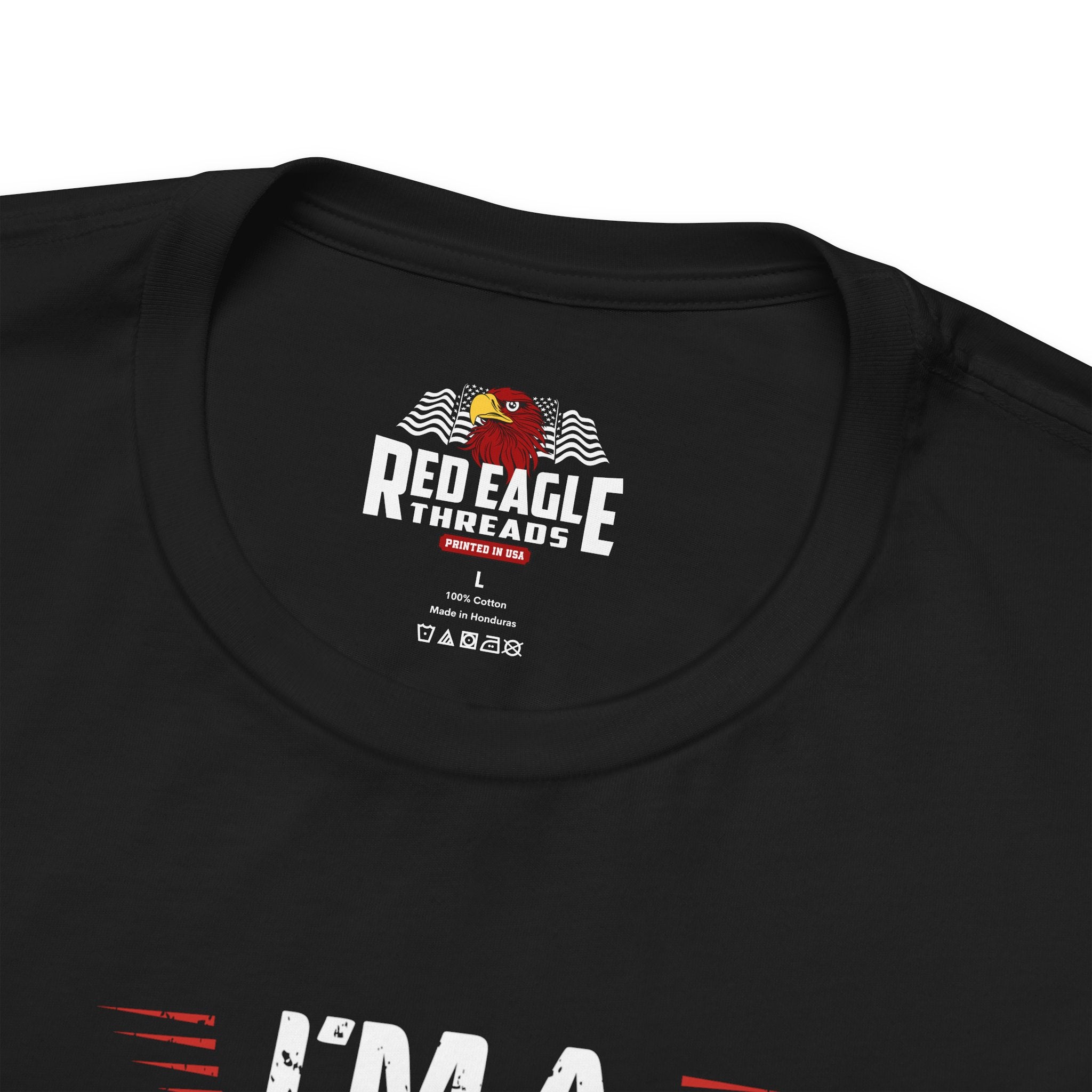 Black t-shirt with Red Eagle Threads logo on a white background