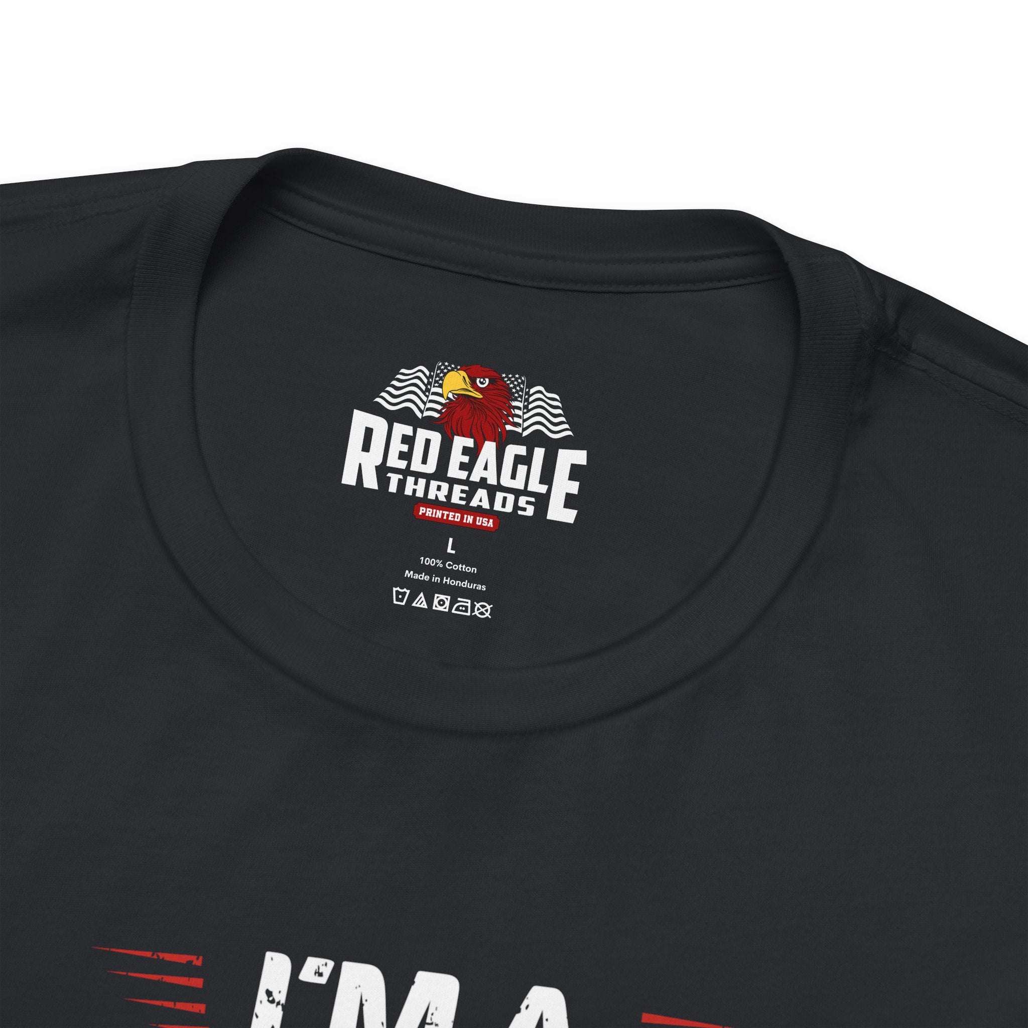 Vintage Black t-shirt with Red Eagle Threads logo on a white background