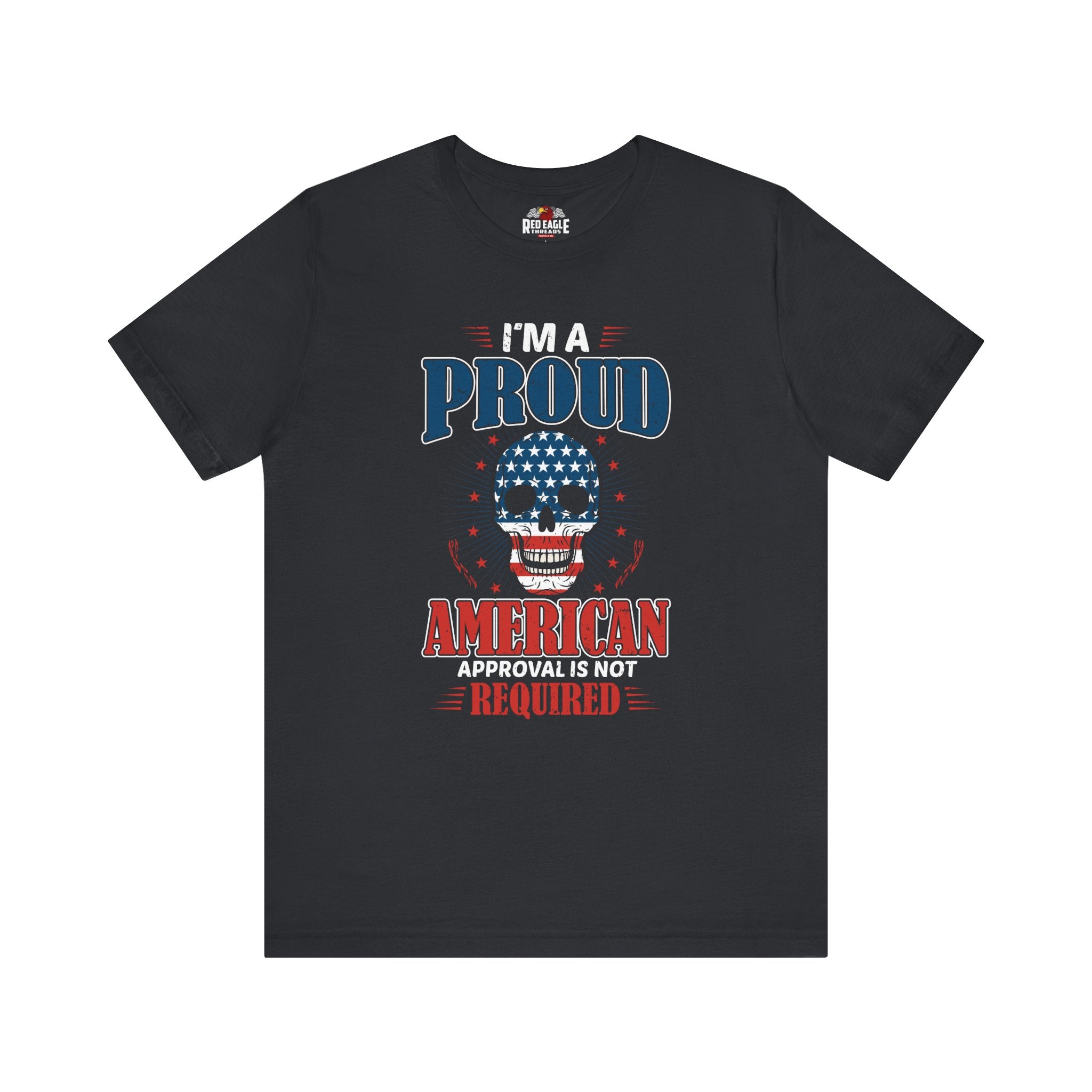 Vintage Black t-shirt with American-themed text and graphics on a white background