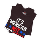 Folded oxblood black t-shirt with 'It's American Not' text and RedBull logo.