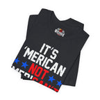 Vintage Black t-shirt with 'It's American Not' text and Red Eagle logo on a white background