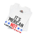 White t-shirt with 'It's American Not American' text and Red Bull logo on a white background