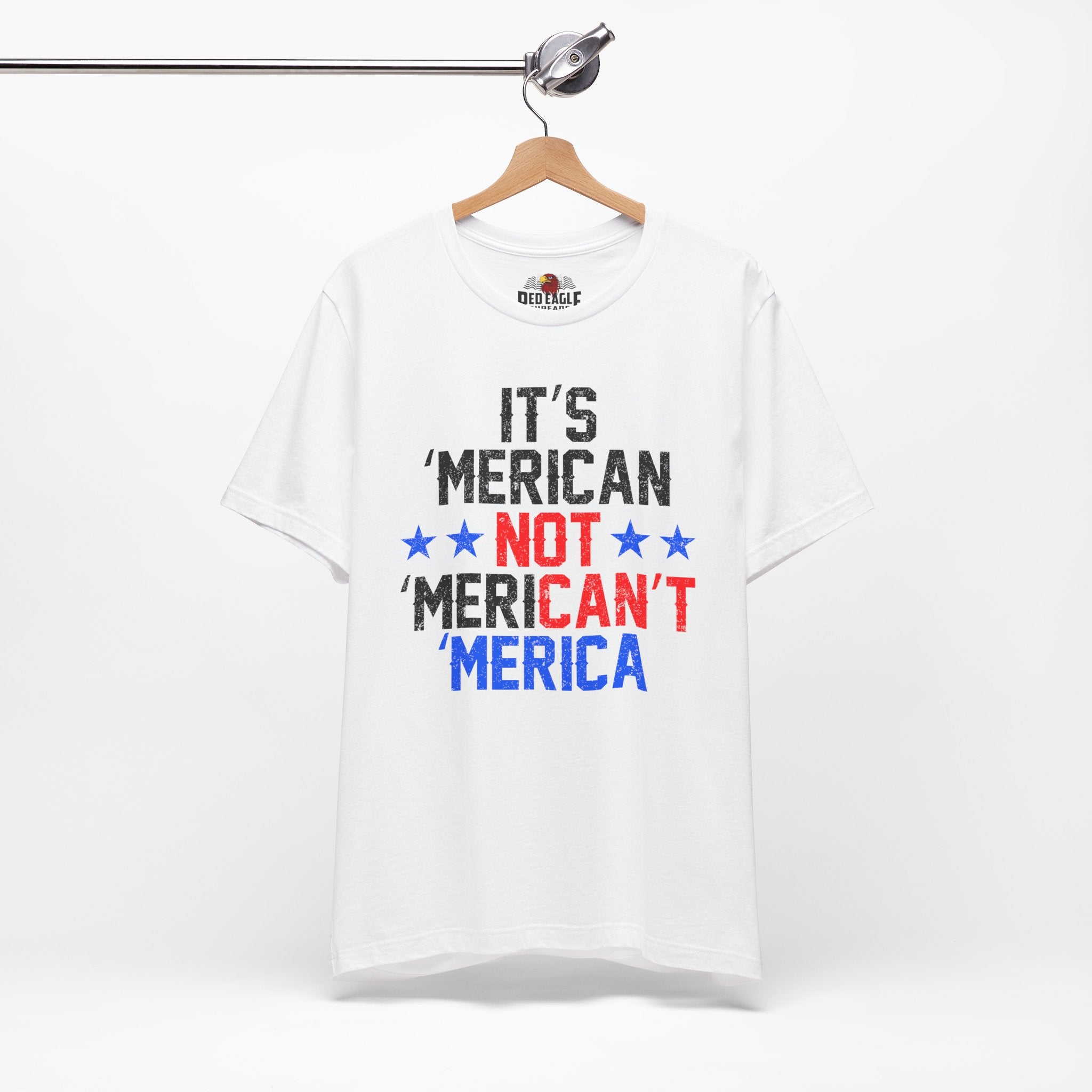 White t-shirt with colorful text on a hanger against a white background