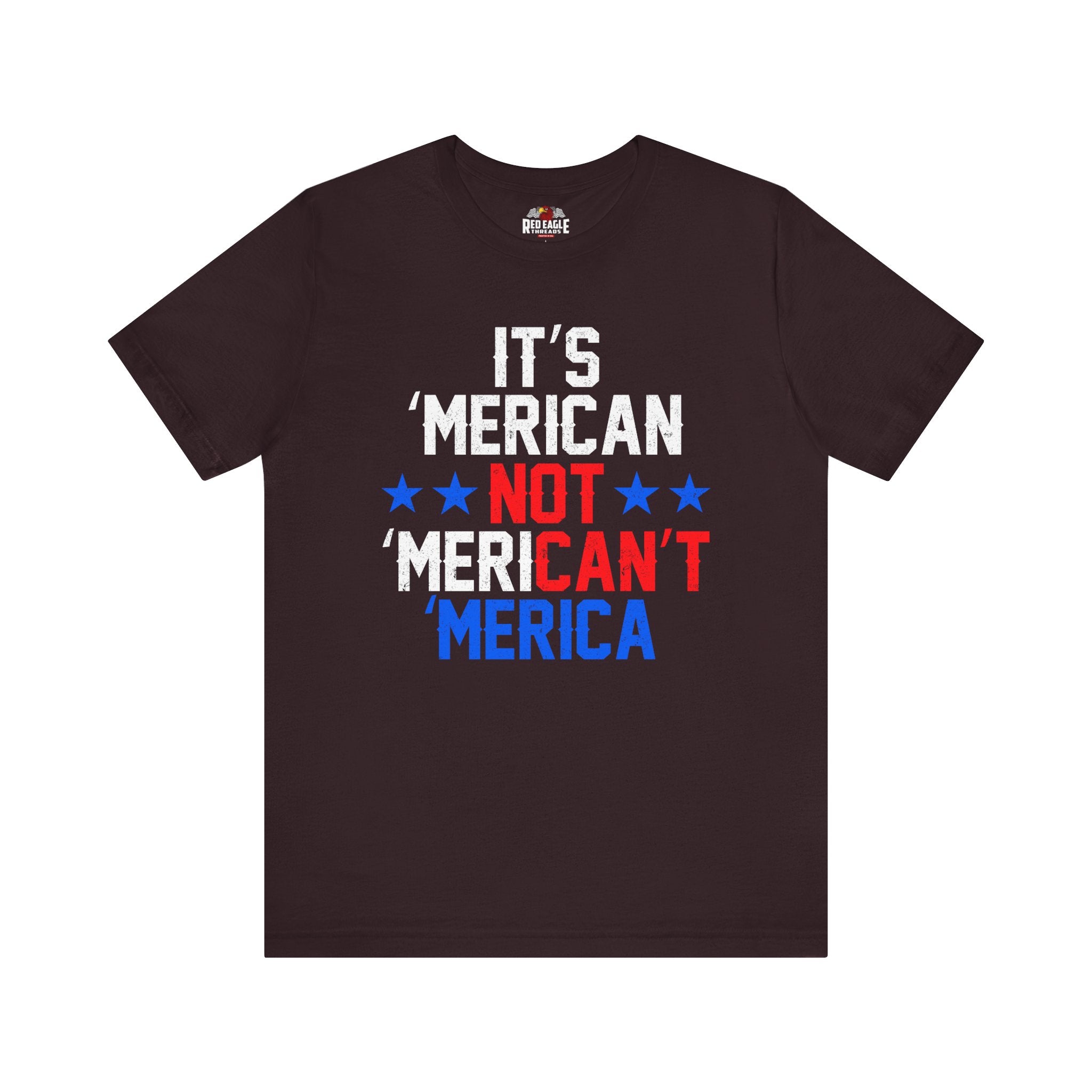 Black t-shirt with colorful text and stars on a white background