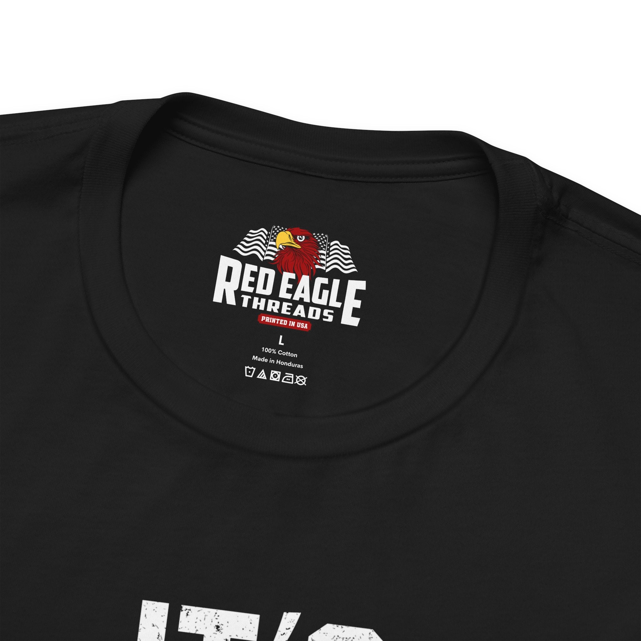 Black t-shirt with Red Eagle Threads logo on a white background