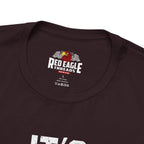 Close-up of a oxblood black t-shirt with 'Red Eagle Threads' logo on a white background