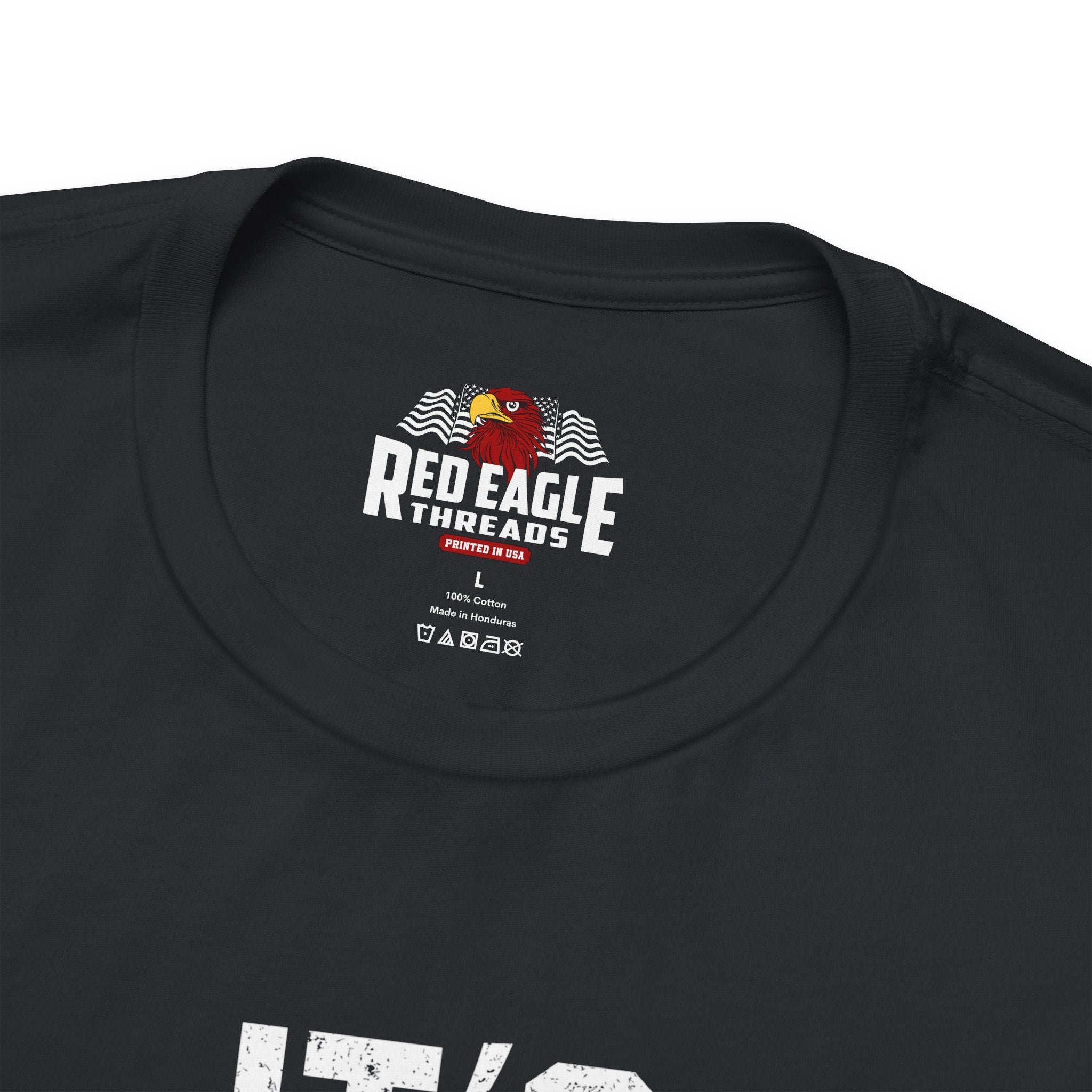 Vintage Black t-shirt with Red Eagle Threads logo on a white background