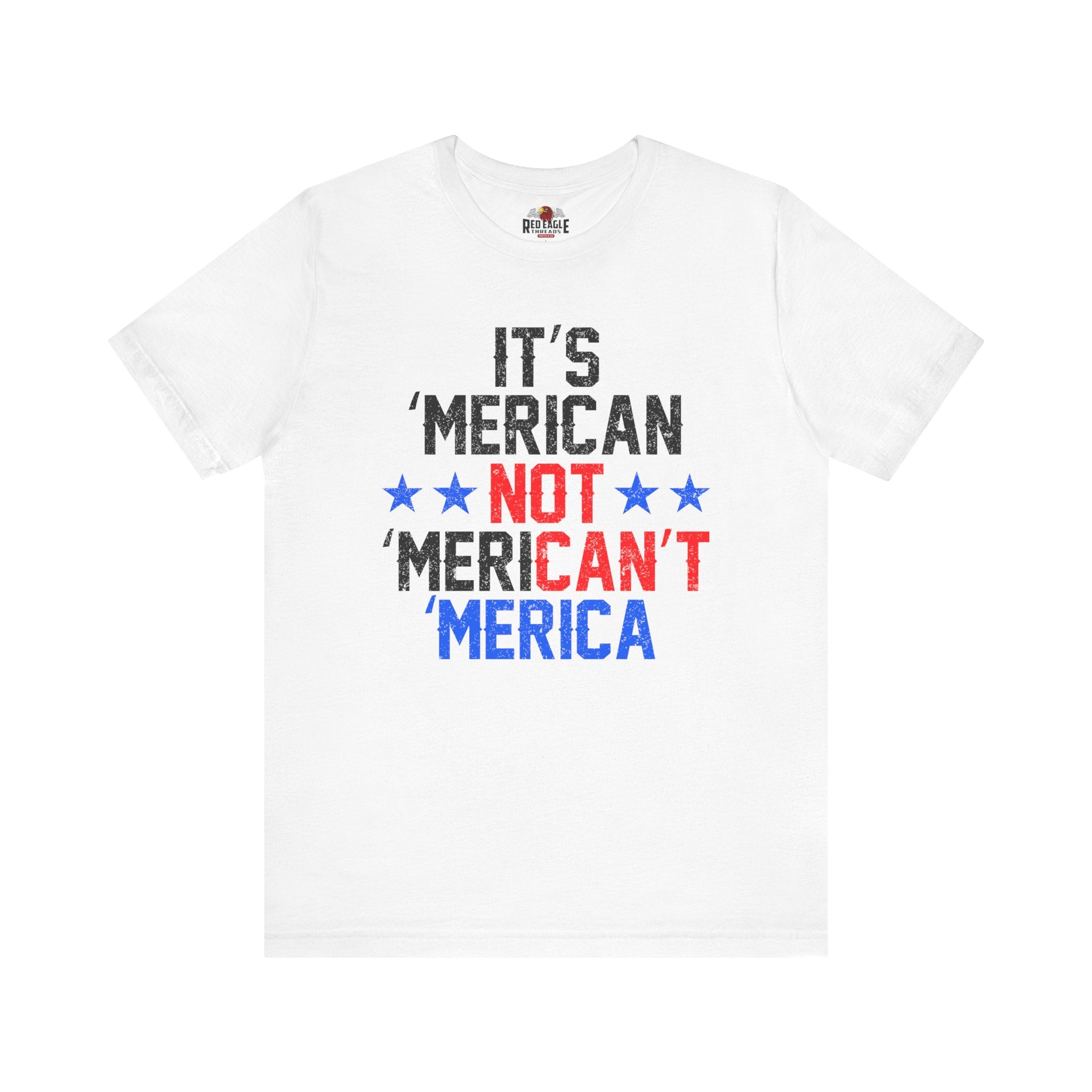 White t-shirt with colorful text design on a white background