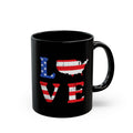 Black mug with American flag design spelling 'LOVE' on a white background