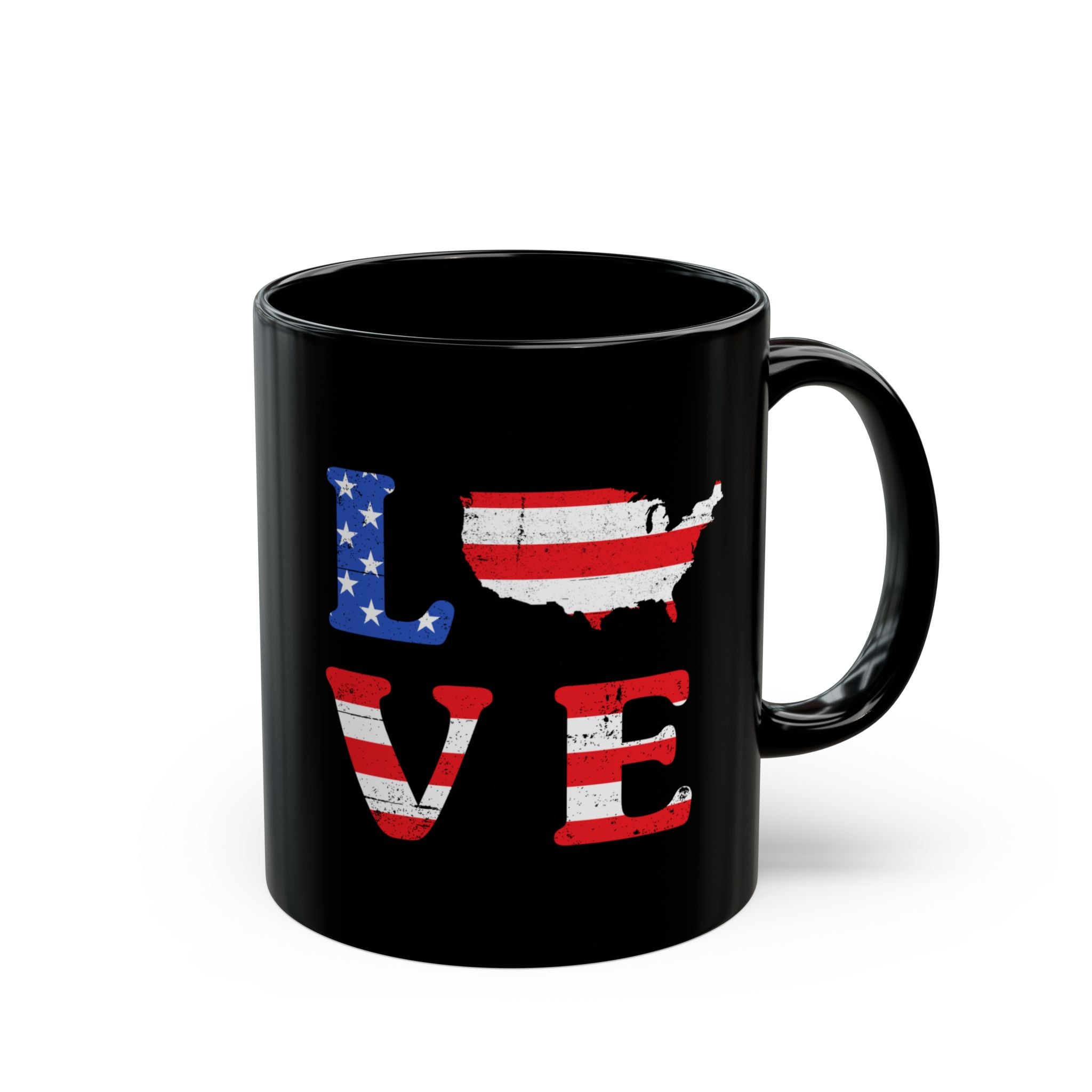Black mug with American flag design spelling 'LOVE' on a white background