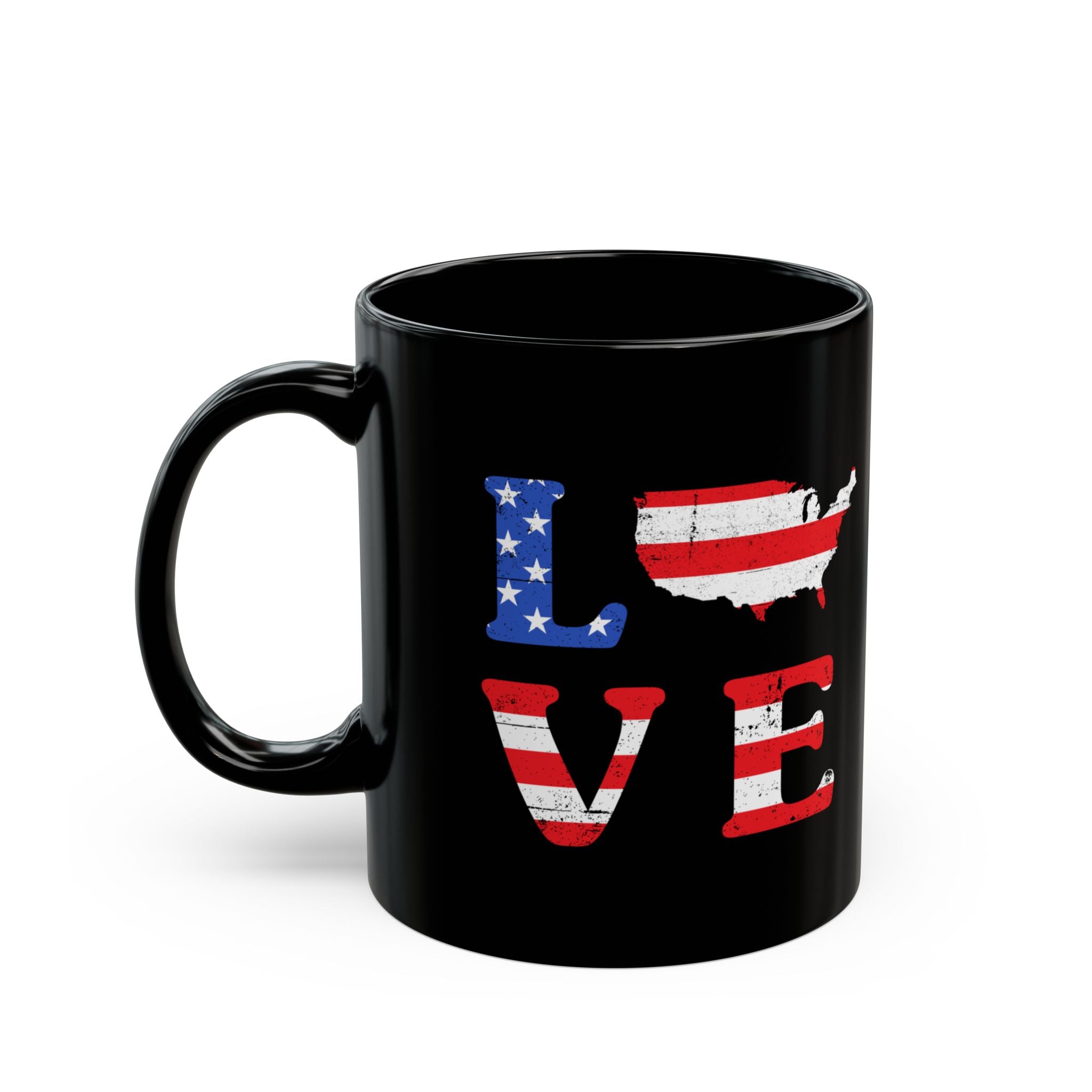 Black mug with American flag design spelling 'LOVE' on a white background