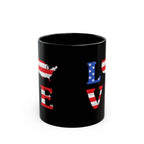 Black mug with American flag design spelling 'LOVE' on a white background
