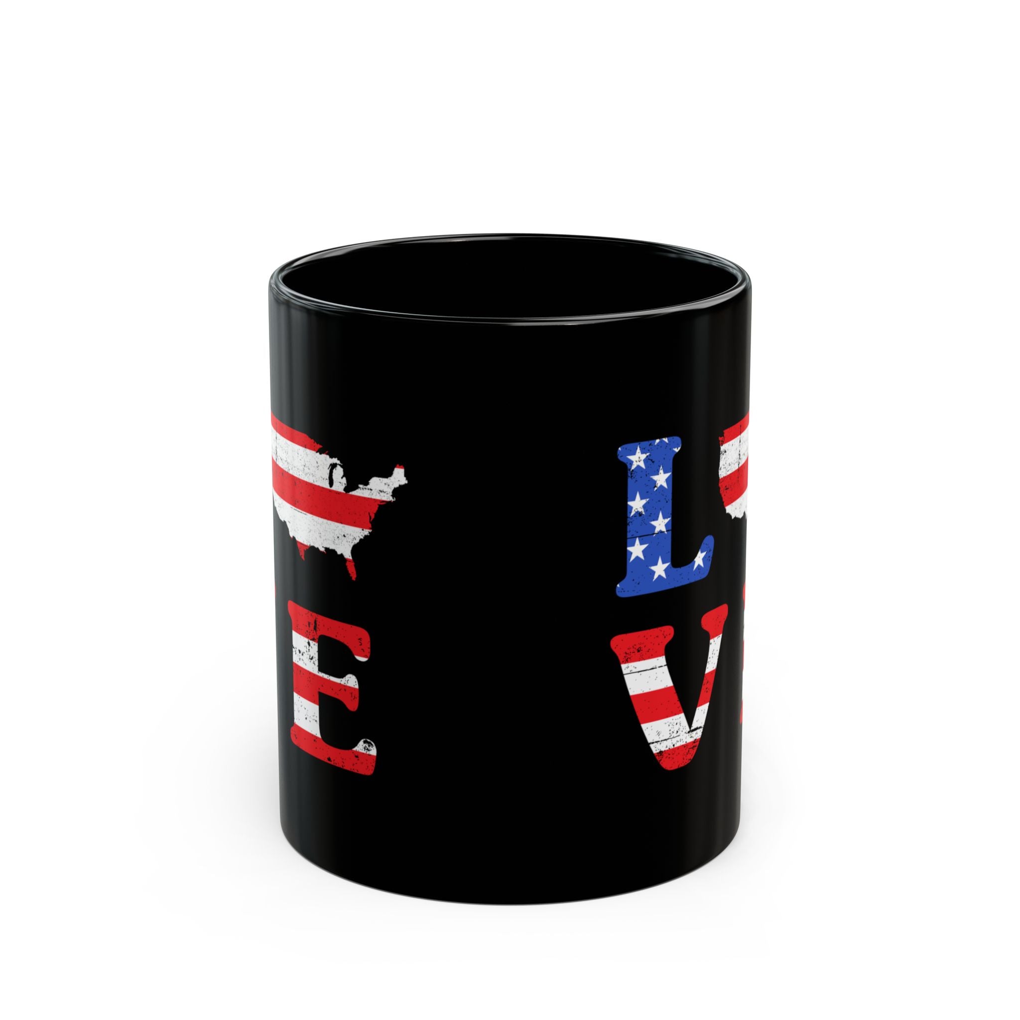 Black mug with American flag design spelling 'LOVE' on a white background