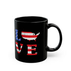 Black mug with American flag design and 'LOVE' text on a white background