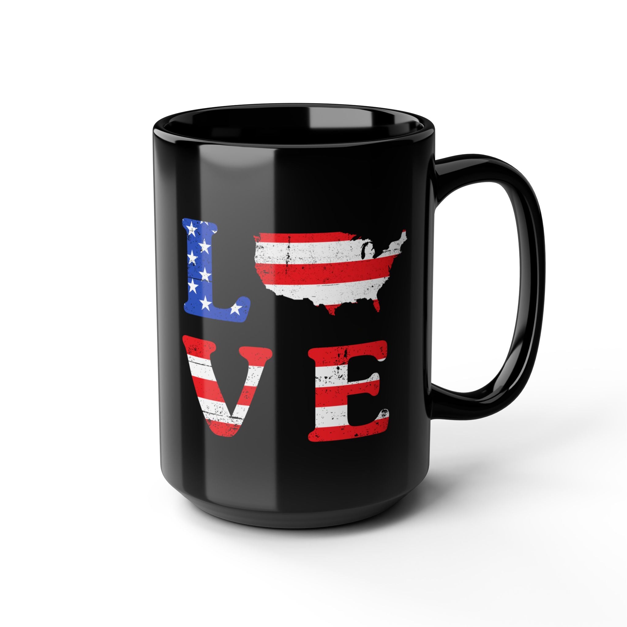 Black mug with American flag design spelling 'LOVE' on a white background