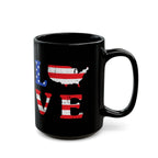 Black mug with American flag design and 'LOVE' text on a white background