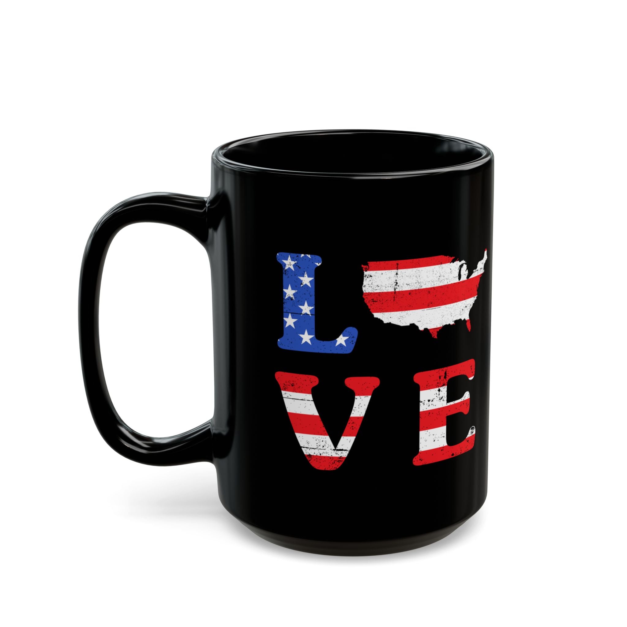 Black mug with American flag design spelling 'LOVE' on a white background