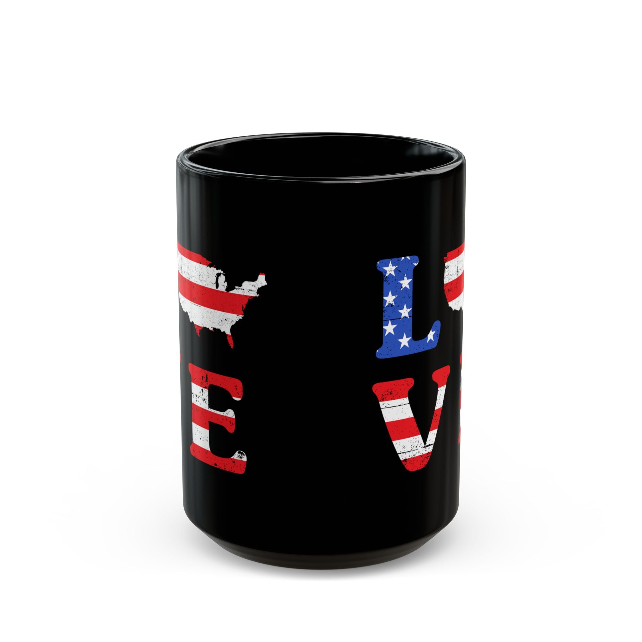 Black mug with American flag design spelling 'LOVE' on a white background