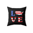 Black pillow with American flag design spelling 'LOVE'