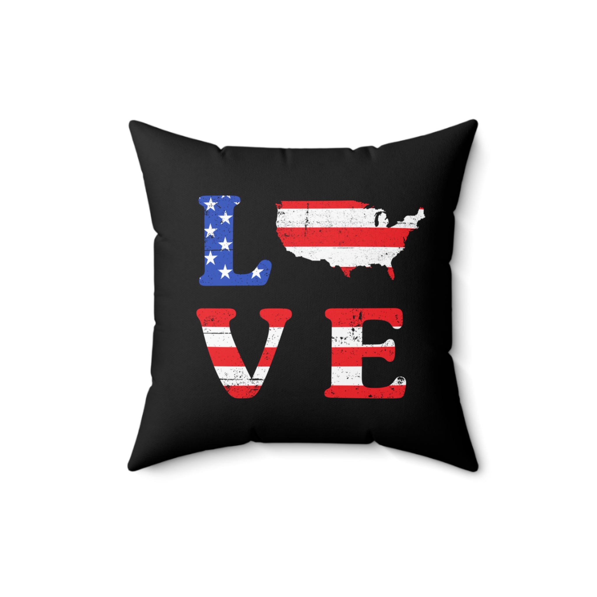 Black pillow with American flag design spelling 'LOVE'