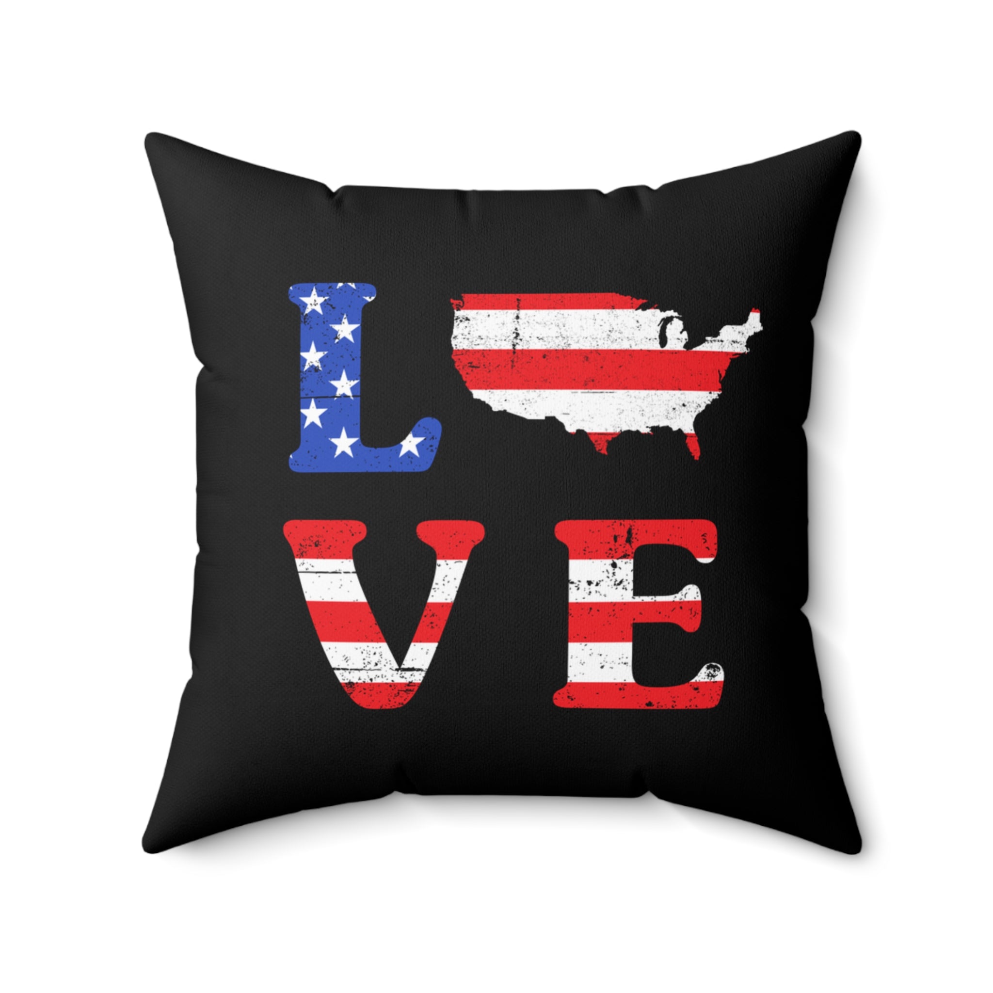 Pillow with American flag design and 'LOVE' text on a black background