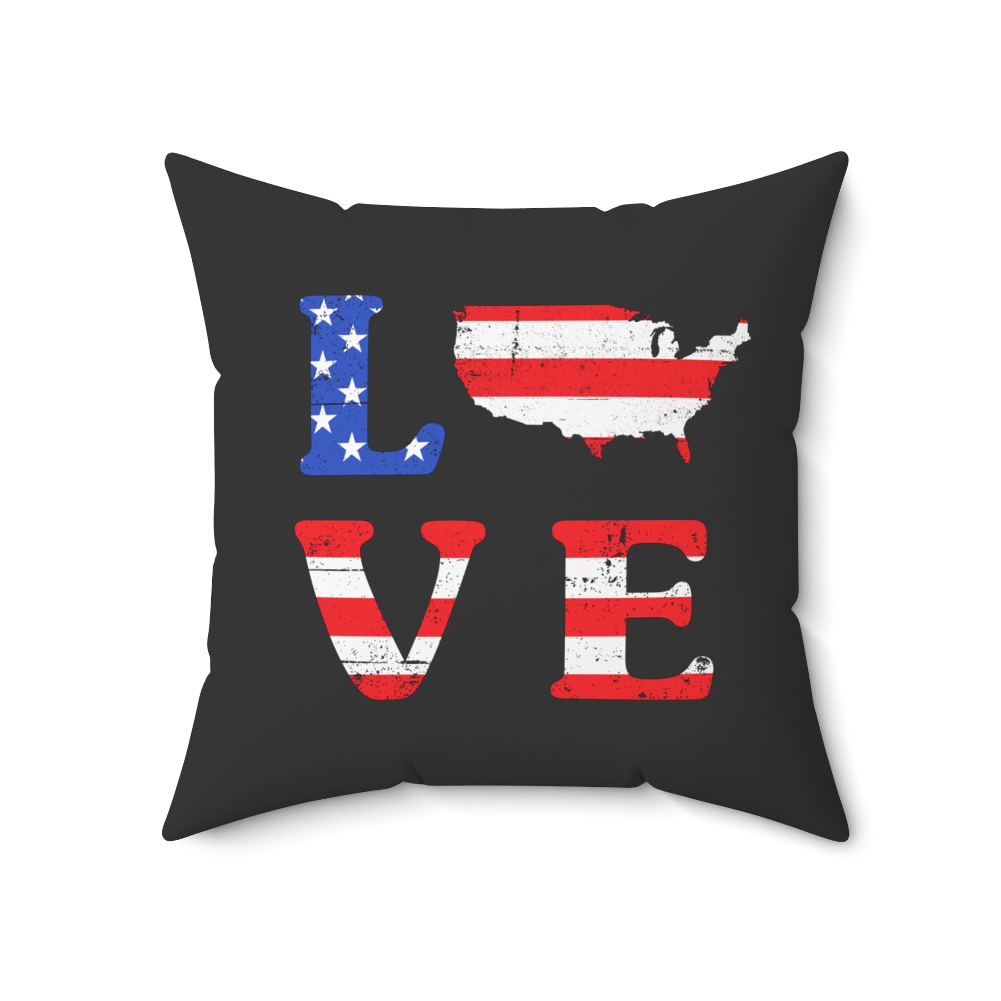 Pillow with American flag design and 'LOVE' text on a black background