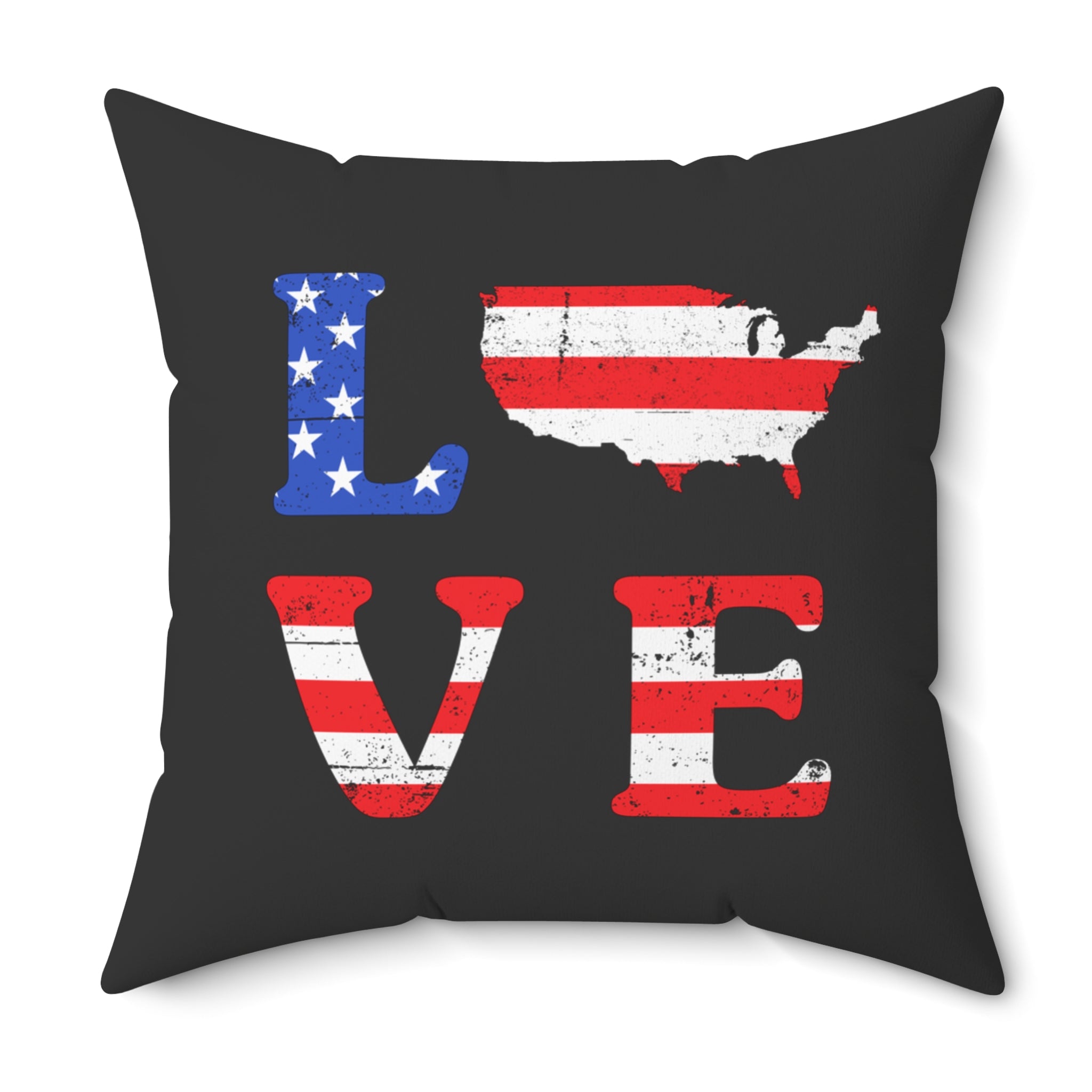 Pillow with American flag design and 'LOVE' text on a black background